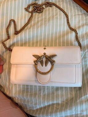 Pinko Cream Leather Crossbody with Gold Bird Ring